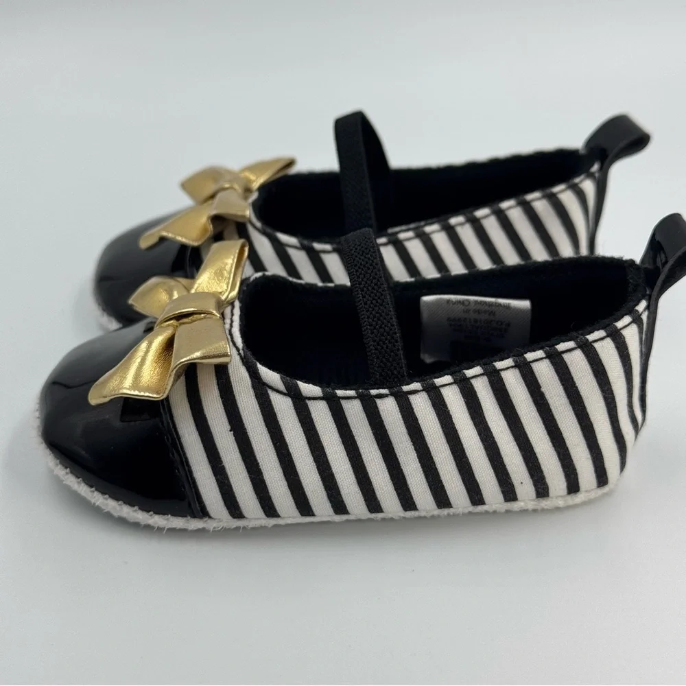 Hudson Baby HB Black and White Striped Baby Dress Shoes With Gold Bow 0-6 Months